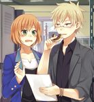  1girl blonde_hair brown_hair doughnut food fuchsia91 green_eyes hiraoka_daisuke miyamori_aoi shirobako short_hair 