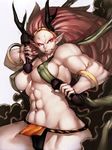  abs bracelet breasts brown_hair cameltoe covered_nipples eyeshadow fumio_(rsqkr) hikimayu horns huge_breasts jewelry loincloth long_hair makeup muscle muscular_female oboro_muramasa oni pointy_ears raijin_(oboro_muramasa) solo thick_thighs thighs 