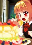  anda_inmu ascot banana black_dress blueberry cake curtains dress eating food food_on_face fork fruit hair_ribbon kiwifruit long_sleeves md5_mismatch open_mouth raspberry red_eyes ribbon rumia shirt solo strawberry table touhou upper_body window 