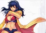  absurdres bikini bikini_top blue_eyes blue_hair blush breasts character_name cleavage freezing gloves hairband highres huge_filesize jacket kim_kwang_hyun large_breasts lips long_hair long_sleeves looking_at_viewer midriff navel official_art open_mouth parted_lips petty_layner red_bikini scan short_shorts shorts solo stomach swimsuit 