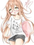  :o blush brown_hair clothes_writing collarbone cosplay cowboy_shot futaba_anzu futaba_anzu_(cosplay) glasses idolmaster idolmaster_cinderella_girls image_sample kantai_collection long_hair mochizuki_(kantai_collection) off_shoulder red-framed_eyewear semi-rimless_eyewear shibainu_kisetsu shirt short_sleeves shorts signature sketch solo stuffed_animal stuffed_toy t-shirt translated twitter_sample under-rim_eyewear very_long_hair white_background yellow_eyes 