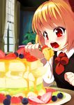  anda_inmu ascot banana black_dress blueberry cake curtains dress eating food food_on_face fork fruit hair_ribbon kiwifruit long_sleeves open_mouth raspberry red_eyes revision ribbon rumia shirt solo strawberry table touhou upper_body window 