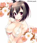  alternate_costume bare_shoulders black_hair blush breasts brown_hair cherry_blossoms cleavage covered_nipples finger_to_mouth floral_background flower hair_ornament headgear inuzumi_masaki kantai_collection large_breasts looking_at_viewer pink_eyes short_hair slingshot_swimsuit solo swimsuit twitter_username yamashiro_(kantai_collection) 