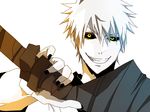  black_nails black_sclera bleach grin looking_at_viewer male male_focus nahohumi813 nail_polish pale_skin smile solo white_hair yellow_eyes zangetsu 