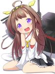  ahoge backlighting bare_shoulders barefoot brown_hair detached_sleeves hair_ornament head_tilt highres kantai_collection kongou_(kantai_collection) long_hair looking_at_viewer machinery makuran open_mouth purple_eyes shirt sitting skirt smile solo v_arms very_long_hair wariza younger 