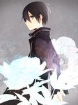  black_eyes black_hair coat flower kirito short_hair standing sword_art_online tsukimori_usako 