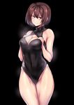  black_background blush breasts brown_eyes brown_hair cleavage cleavage_cutout front_zipper_swimsuit hyuuga_(kantai_collection) kantai_collection large_breasts meme_attire one-piece_swimsuit short_hair smile solo steam swimsuit ulrich_(tagaragakuin) 