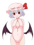  bat_wings batta_(ijigen_debris) blue_hair bow breasts cleavage_cutout fang front_zipper_swimsuit hat hat_bow looking_at_viewer meme_attire mob_cap one-piece_swimsuit red_eyes remilia_scarlet short_hair simple_background small_breasts smile solo swimsuit touhou white_background wings zipper 