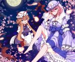  alternate_eye_color alternate_hair_color bad_id bad_pixiv_id bangs bare_legs barefoot blue_eyes bow breasts brown_hair cherry_blossoms cloud dress floating frilled_dress frilled_kimono frills full_moon furapechi gap hair_bow hair_up hand_on_own_cheek hat hat_ribbon hips hitodama japanese_clothes kimono long_hair long_sleeves medium_breasts mob_cap moon multiple_girls night night_sky obi open_mouth pink_eyes pink_hair puffy_long_sleeves puffy_sleeves ribbon saigyouji_yuyuko sash sidelocks sky smile star_(sky) tabard teeth touhou tree_branch triangular_headpiece veil white_dress wide_sleeves yakumo_yukari 