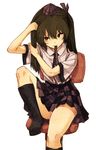  adjusting_hair black_legwear brown_hair chair checkered checkered_skirt hair_ornament hair_ribbon hat himekaidou_hatate holding holding_hair knee_up kneehighs leg_up long_hair looking_up mouth_hold panties ribbon ribbon_in_mouth shirt short_sleeves simple_background sitting skirt solo tokin_hat touhou twintails tying_hair underwear urin vest white_background 