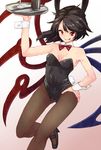  animal_ears asymmetrical_wings bare_shoulders black_hair black_legwear bottle bow bowtie breasts bunny_ears bunny_girl bunny_tail bunnysuit cleavage cup detached_collar fishnet_pantyhose fishnets hand_on_hip houjuu_nue looking_at_viewer pantyhose red_eyes short_hair small_breasts smile solo tail touhou tray urin wings wrist_cuffs 