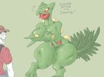  big_breasts blush breasts covering covering_breasts covering_self english_text erection female hand_on_breast happy human male mammal nintendo nipples nude open_mouth penis pok&eacute;mon sceptile shocked signirsol surprise text thick_thighs video_games wide_hips 