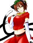  alternate_costume animal_ears breasts brown_hair cat_ears cat_tail chen cleavage fingerless_gloves gloves huge_breasts impossible_clothes looking_at_viewer midriff multiple_tails nekomata older slit_pupils solo taiga_isaka tail touhou two_tails yellow_eyes zun_hat 