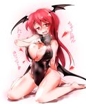  alternate_costume bat_wings blush breasts breath cleavage cleavage_cutout front_zipper_swimsuit fumitsuki_(minaduki_6) gradient gradient_background head_wings heart heart-shaped_pupils highres koakuma large_breasts long_hair looking_at_viewer meme_attire one-piece_swimsuit open_mouth red_eyes red_hair saliva simple_background sitting smile solo sweat swimsuit symbol-shaped_pupils text_focus tongue touhou wings 