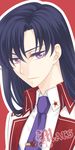  bishoujo_senshi_sailor_moon black_hair character_name expressionless formal genderswap genderswap_(ftm) hino_rei long_hair lowres male_focus necktie nickii25 purple_eyes red_background solo suit upper_body 