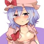  areolae arms_at_sides blush breasts dress flustered hair_between_eyes hat lavender_hair looking_at_viewer mob_cap nipples ochazuke open_clothes open_dress pink_dress puffy_short_sleeves puffy_sleeves remilia_scarlet short_hair short_sleeves slit_pupils small_breasts solo touhou 