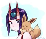  1girl :d bangs blue_background closed_mouth commentary_request creatures_(company) crossover earrings eevee eyebrows_visible_through_hair eyes_closed eyeshadow facing_viewer fate/grand_order fate_(series) from_side game_freak gen_1_pokemon horns idk-kun jewelry makeup nintendo oni open_mouth pokemon pokemon_(creature) purple_eyes purple_hair seiyuu_connection short_eyebrows short_hair shuten_douji_(fate/grand_order) smile thick_eyebrows twitter_username yuuki_aoi 