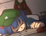  blue_hair blurry bow closed_eyes colorized green_hair hair_bobbles hair_bow hair_ornament hair_ribbon hat head_out_of_frame image_sample kagiyama_hina kawashiro_nitori long_hair long_sleeves multiple_girls open_mouth out_of_frame puffy_sleeves ribbon screw screwdriver short_hair short_sleeves sitting sketch sleeping smile terimayo touhou twitter_sample two_side_up 