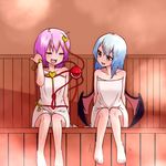  arms_behind_back bat_wings blue_hair closed_eyes collarbone fang hand_in_hair head_tilt kameyan komeiji_satori looking_at_another multiple_girls naked_towel open_mouth pink_hair red_eyes remilia_scarlet sauna short_hair sitting steam sweat third_eye touhou towel wings 