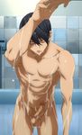  black_hair closed_eyes erection free! highres katze_(776642) male_focus muscle nanase_haruka_(free!) navel nude penis solo_focus testicles uncensored wet 
