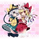  animal_ears anklet ascot black_legwear blonde_hair blouse blush_stickers cat_ears cat_tail character_name checkered checkered_background fang finger_to_face flandre_scarlet floral_print flower green_eyes hat hat_ribbon hat_with_ears heart heart_hands heart_hands_duo jewelry juliet_sleeves kayama_benio kemonomimi_mode kneeling komeiji_koishi lace_trim long_sleeves looking_at_viewer mob_cap multiple_girls no_shoes open_mouth over-kneehighs pink_background pleated_skirt ponytail puffy_short_sleeves puffy_sleeves red_eyes ribbon rose shadow short_hair short_sleeves silver_hair skindentation skirt skirt_set smile tail thighhighs touhou v whiskers wings wrist_cuffs 