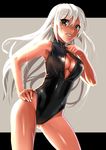  black_swimsuit breasts brown_eyes cleavage contrapposto cowboy_shot formal front_zipper_swimsuit katahira_masashi long_hair looking_at_viewer medium_breasts meme_attire nail_polish naughty_face one-piece_swimsuit open_clothes original pose shiny shiny_clothes shiny_skin silver_hair smile solo standing suit swimsuit unzipped very_long_hair zipper 