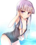  bow breasts crescent crescent_hair_ornament front_zipper_swimsuit hair_bow hair_ornament long_hair looking_at_viewer meme_attire no_hat no_headwear one-piece_swimsuit patchouli_knowledge purple_eyes purple_hair ram_hachimin small_breasts solo swimsuit touhou water wet 
