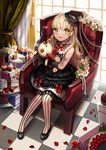  black_dress black_gloves blonde_hair bow cake chair checkered checkered_floor curtains dress earrings elbow_gloves flower food fork frilled_dress frills fruit full_body gloves hat honnou_(kjs9504) indoors jewelry lolita_fashion long_hair looking_at_viewer mayu_(vocaloid) pantyhose parted_lips petals rose shoes sitting smile solo strawberry strawberry_shortcake striped striped_legwear stud_earrings stuffed_animal stuffed_bunny stuffed_toy usano_mimi vertical-striped_legwear vertical_stripes vocaloid window yellow_eyes 