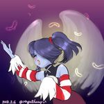  1girl bare_shoulders blue_skin detached_collar detached_sleeves hair_over_one_eye highres ringo_tou_hachimitsu singing skullgirls squigly_(skullgirls) striped_sleeves twintails wings zombie 