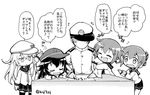  4girls :d ^_^ admiral_(kantai_collection) akatsuki_(kantai_collection) anchor_symbol closed_eyes faceless faceless_male fang flat_cap folded_ponytail greyscale hair_ornament hairclip hat herada_mitsuru hibiki_(kantai_collection) ikazuchi_(kantai_collection) inazuma_(kantai_collection) kantai_collection long_hair long_sleeves monochrome multiple_girls nanodesu_(phrase) neckerchief open_mouth pleated_skirt school_uniform serafuku short_hair skirt smile thighhighs translated twitter_username 