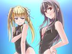  bangs black_hair blonde_hair blue_background blue_eyes blush breast_envy covering front_zipper_swimsuit gradient gradient_background hairband hand_on_hip highres kasumigaoka_utaha kuzumin long_hair meme_attire multicolored_hair multiple_girls navel one-piece_swimsuit red_eyes saenai_heroine_no_sodatekata sawamura_spencer_eriri smile swimsuit twintails 