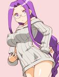  bare_shoulders breasts covered_nipples fate/stay_night fate_(series) glasses large_breasts long_hair no_pants panties pantyshot purple_hair rider shinama solo sweater underwear very_long_hair 