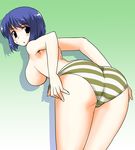  :o ass bent_over blue_eyes blue_hair breasts from_behind hanging_breasts large_breasts looking_at_viewer looking_back mono_(moiky) panties parted_lips short_hair sideboob solo striped striped_panties sweatdrop topless underwear undressing 