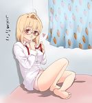  arcueid_brunestud barefoot bespectacled blonde_hair blush finger_to_mouth glasses indian_style no_pants on_bed panties pikakoya pink_panties red_eyes ribbon semi-rimless_eyewear shirt short_hair shushing sitting soles solo toes translation_request tsukihime under-rim_eyewear underwear undressing 