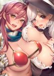  2girls armor bikini_armor blush breast_press breasts brown_eyes brown_hair frills hat highres large_breasts long_hair looking_at_viewer masami_chie multiple_girls navel open_mouth original purple_eyes silver_hair symmetrical_docking witch_hat 