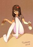  bow breasts brown_eyes brown_hair feet glasses hair_bow highres holding holding_shoes legs no_pants no_shoes original pantyhose shirt shoes shoes_removed sitting small_breasts solo tsubasa_tsubasa tsubasa_tsubasa's_glasses_girl white_legwear 