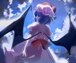  akiyoku bat_wings blue_sky bow cloud day dress from_behind hat looking_at_viewer looking_back protected_link red_eyes remilia_scarlet short_hair sky solo touhou wings 