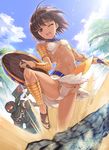  1girl ;o ahoge anklet armlet assal_(sennen_sensou_aigis) bare_shoulders belt black_hair blush breasts cameltoe cloud constricted_pupils covered_nipples crop_top dark_skin day detached_sleeves egyptian fundoshi groin hair_ornament hairclip hien_(sennen_sensou_aigis) highres hips holding holding_weapon horns japanese_clothes jewelry looking_at_viewer mask metallican miniskirt mitsudomoe_(shape) motion_blur navel neck_ring ninja one_eye_closed open_mouth outdoors outstretched_arm palm_tree red_eyes sand sandals scarf sennen_sensou_aigis shield short_hair skirt skirt_lift sky small_breasts standing standing_on_one_leg sword tomoe_(symbol) torn_clothes torn_skirt tree underwear vambraces weapon wince 