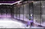  alternate_costume architecture artist_name blue_dress blue_hair boots dated dress east_asian_architecture icicle kaku_seiga looking_up nature open_door outdoors peaceful room shawl short_hair sitting smile snow snowing solo touhou yamazaki_haru 