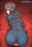  1girl all_fours ass bangs bed_sheet blush braid breasts brown_eyes brown_hair censored consort_yu_(fate) crotch_cutout cutout ear_piercing eyebrows fate/grand_order fate_(series) female from_above from_behind ginhaha glaring glasses half-closed_eyes long_braid long_hair looking_at_viewer looking_back mosaic_censoring no_panties on_bed parted_lips piercing pussy scowl single_braid skin_tight solo very_long_hair xiang_yu_(fate/grand_order) 