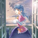  alternate_costume ascot balcony blue_eyes blue_hair breasts brooch capelet cloud door double_bun dress earrings elbow_gloves gloves highres jewelry kantai_collection lighthouse lips long_hair medium_breasts nokishita_(oleoleo) ocean open_mouth sky solo sunset urakaze_(kantai_collection) water 