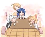  ^_^ ahoge animal_ears arcueid_brunestud blonde_hair blue_hair cat_ears cat_tail ciel closed_eyes cup glasses green_eyes hair_intakes kemonomimi_mode kotatsu melty_blood multiple_girls nanako_(melty_blood) pikakoya pointy_ears ponytail riesbyfe_stridberg short_hair table tail teacup translation_request tsukihime white_hair 