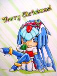  1girl android arm_support blue_eyes chibi christmass fur_trim gift gift_bow headdress helmet holding holding_gift holly leg_up leviathan_(rockman) merry_christmas santa_costume shinku_44 simple_background smile solo 