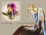  aquarion_(series) bandages blonde_hair character_name elphin expressionless fire_emblem fire_emblem:_fuuin_no_tsurugi headband hugh long_hair male_focus multiple_boys purple_eyes purple_hair shirt shoochiku_bai smile sousei_no_aquarion 