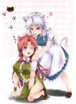  animal_ears apron aqua_eyes bare_legs biting blue_eyes braid breasts cat_ears cat_tail ear_biting gradient gradient_background hair_ribbon heart highres hong_meiling izayoi_sakuya katsuko_wi_wi kemonomimi_mode kneeling large_breasts leaning_forward long_hair looking_at_another maid_headdress multiple_girls nyan one_eye_closed open_mouth patterned_background paw_pose paw_print red_hair ribbon short_hair short_sleeves silver_hair skirt skirt_set standing tail touhou tress_ribbon tsurime twin_braids waist_apron wrist_cuffs 