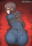  1girl all_fours bangs bed_sheet blush braid breasts brown_eyes brown_hair consort_yu_(fate) ear_piercing eyebrows fate/grand_order fate_(series) female from_above from_behind ginhaha glasses half-closed_eyes long_braid long_hair looking_at_viewer looking_back on_bed parted_lips patreon_username piercing single_braid skin_tight solo very_long_hair xiang_yu_(fate/grand_order) 
