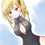  arms_behind_back blonde_hair blush breasts cleavage_cutout dutch_angle embarrassed front_zipper_swimsuit hand_(ryzing) highres kouju_(ukagaka) large_breasts meme_attire one-piece_swimsuit red_eyes side_ponytail solo swimsuit ukagaka wavy_mouth 