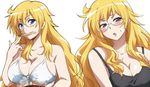  :o bare_shoulders ben-tou blonde_hair blue_eyes blush bowl breasts camisole chopsticks cleavage collarbone food front-tie_top glasses hairu large_breasts long_hair mouth_hold shaga_ayame shiny shiny_hair steam sweatdrop underboob 