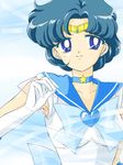  1girl bishoujo_senshi_sailor_moon blue_eyes blue_hair choker earrings elbow_gloves female gloves heart jewelry kuma-hacchi magical_girl mizuno_ami necklace ribbon sailor_mercury school_uniform serafuku short_hair solo star super_sailor_mercury tiara white_gloves 