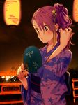  alternate_hairstyle fan hair_ornament idolmaster idolmaster_million_live! japanese_clothes kimono kyouno lantern maihama_ayumu multicolored_hair pink_eyes pink_hair side_ponytail solo star star_hair_ornament sweatdrop 